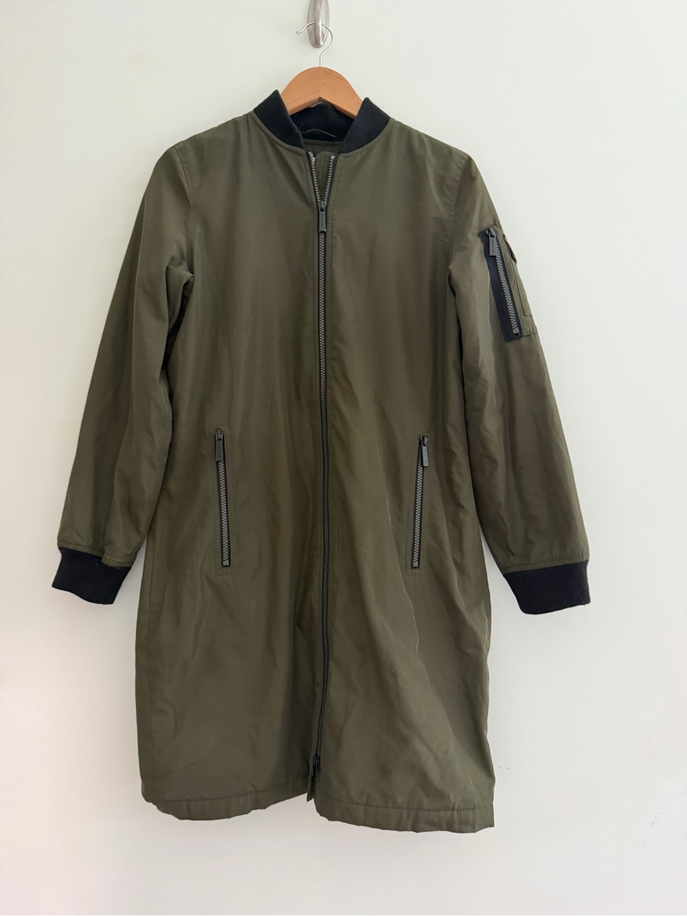 Michael Kors Olive Green Long Bomber Coat w Black Trim Quilted Interior XS